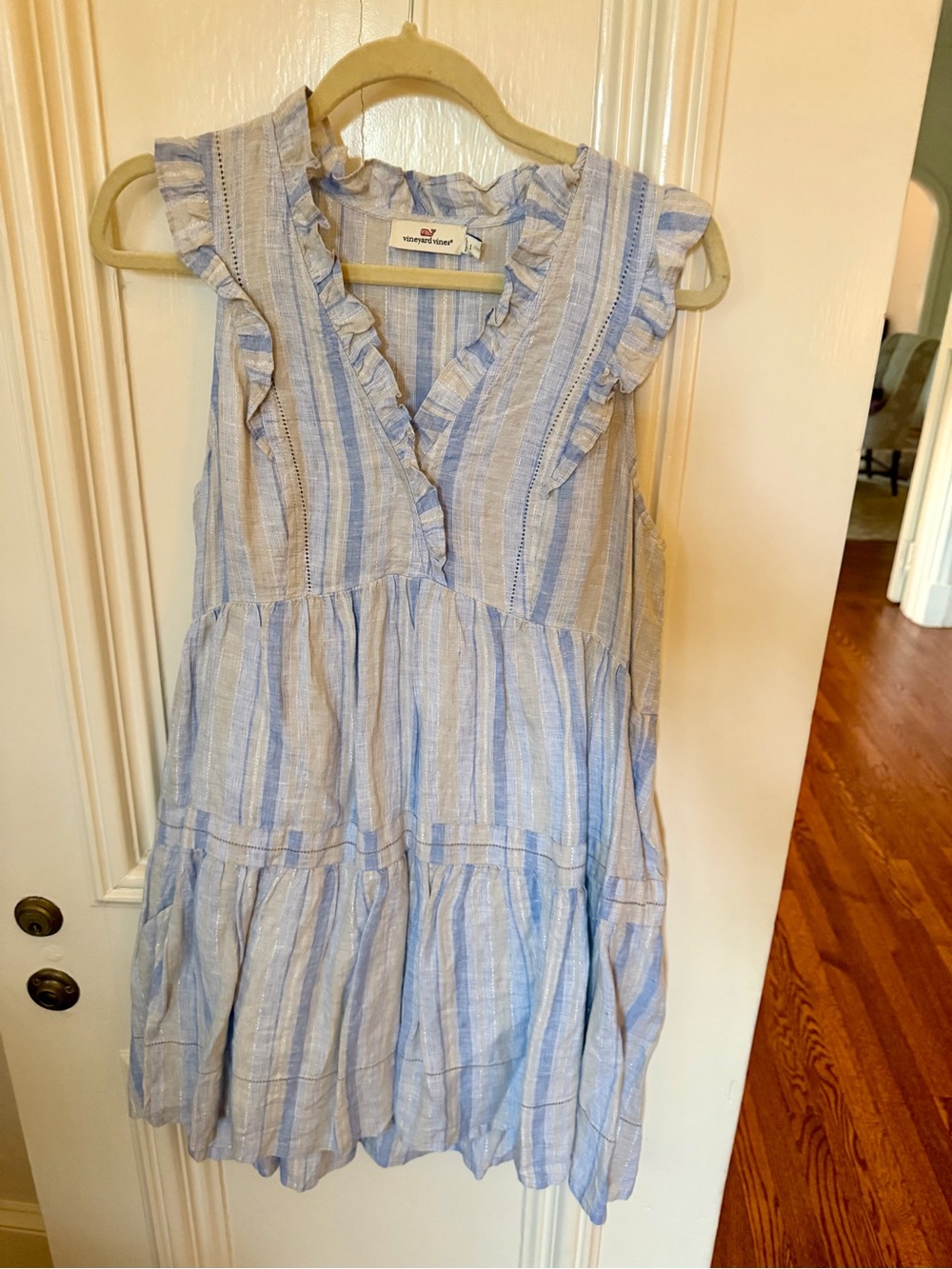 Vineyard Vines Blue and White Striped Ruffle Mini Dress
